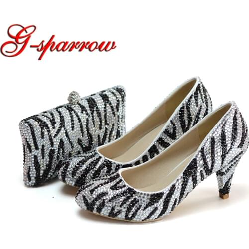 2018 New Design Zebra Color Black with Silver Rhinestone Wedding Party Shoes 6cm Middle Heel Round Toe Prom Shoes with Clutch