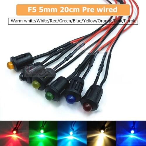 F5 5mm 20cm Pre Wired LED Round Light Lamp Bulb Chip Beads Cable DC 12V White Warm Red Green Blue Yellow Emitting Diodes