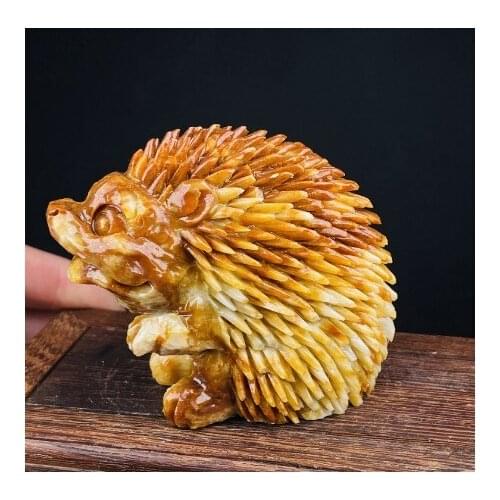 Natural Yellow Jade Quartz Hand Carved Hedgehog Ornament Gemstone Home Decoration