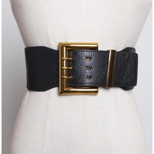 Luxury lady wide belt elastic faux leather waistbands fashion vintage Square pin alloy buckle waist seal for dress coat sweater