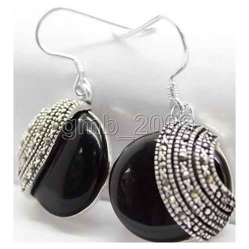 Handmade 925 Sterling Silver 18*18mm nature black Natural Stone Beads Marcasite Earrings