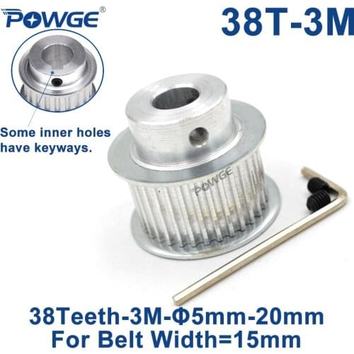 POWGE 38 Teeth HTD 3M Synchronous Pulley Bore 6/8/10/12/14/15/16/17/19/20mm for Width 15mm HTD3M Timing belt 38Teeth 38T