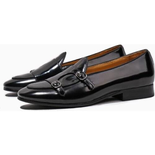 Italian Handmade Monk Straps Genuine Leather Formal business Mens shoes Goodyear Slip on buckle Fashion Shoes Men