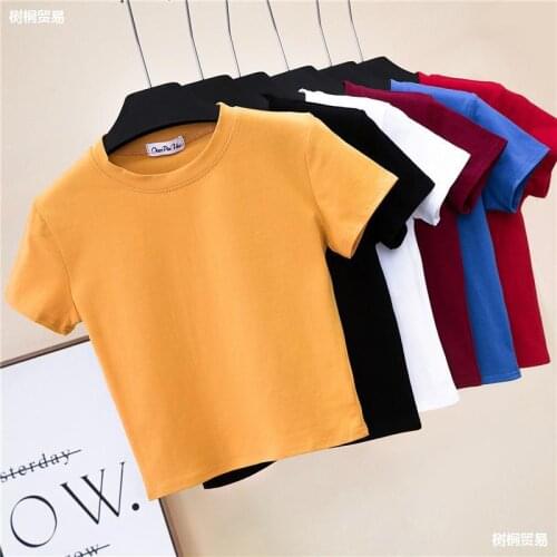 Green Crop Top T-Shirt Female Solid Cotton O-Neck Short Sleeve T-shirts for Women High Waist Slim Short Sport Femme T-Shirt