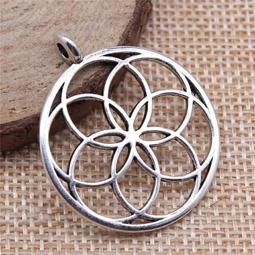 WYSIWYG 4pcs/lot Hollow Flower Of Life Charms Pendant Diy Metal Jewelry Making Antique Silver Color 30x35mm