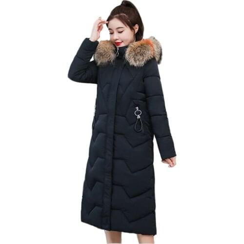 2021 Winter Jacket Women X-Long Wadded Jacket Thicken Color Fur Collar Parka Solid Color Hood Coats Black Creamy-White KW1143