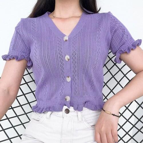 Knitted Casual Knitted Women T Shirt Cropped Short Sleeve Basic Black Purple Short Sleeve Ruffles Elegant Lady Chic Crop Top