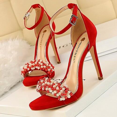 Women Pearl Sandals Sexy High Heels Pink Black Red Heels Platform Pumps Ladies Wedding Bride Shoes Office Rhinestone Stiletto