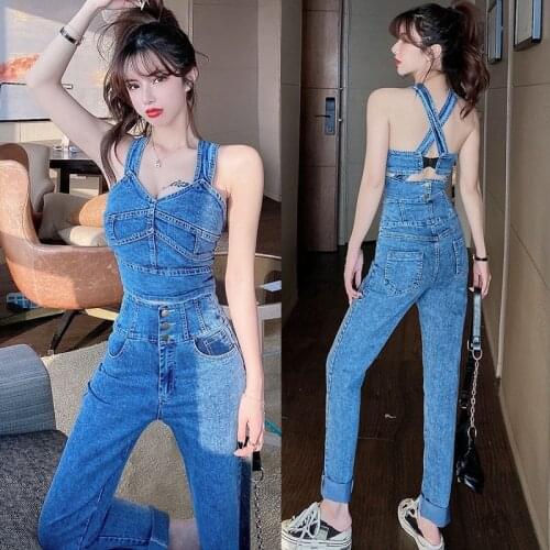 2021 spring fashion Sexy women sling crossover halter denim jacket + denim pants two-piece sets