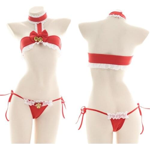 Womens Lovely Red Christmas Bell 2pcs Bikini Suit Sexy Lolita Girl Private Bow Lace Ruffle Underwear Set Maid Pajamas