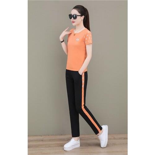Casual Outfits Womens Two Pieces Tracksuit O Neck Tee + Pants Leisurewear Streetwear for Jogging Outing 2021 Summer New