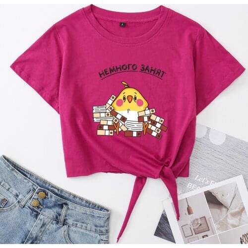 Funny Cute Chicken Animal Knotted Crop Top Shirt Womens Summer Short Sleeve Cotton T-Shirt Cropped Tops Tee with Front Tie Knot