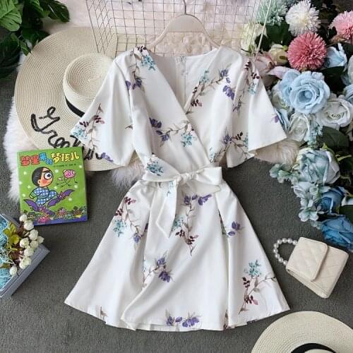 Women Sweet Dress Retro Preppy Style V-Neck Bow Waistband Short Sleeves Printed Flowers Above Knee Dress Ladies Mini Dress