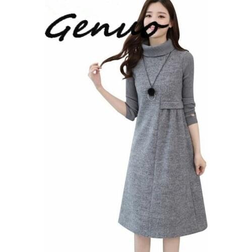 Ladies Woolen Dress For Women Knit Long Sleeve Turtleneck Elegant A-line Dress Thick Autumn Winter Plus Size Casual Midi Dress