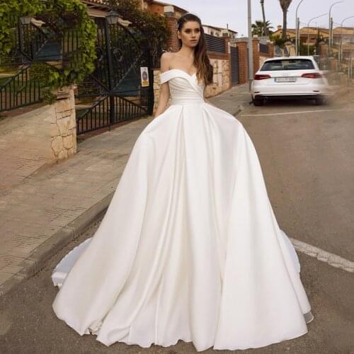Simple Satin Wedding Dress 2021 Boho Vestidos De Noiva Off Shoulder With Pockets A-Line Wedding Gowns Bride Gown Party Dress
