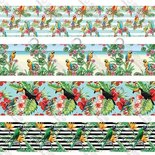 16-75MM Cartoon Bird&Tropical Tre Printed Grosgrain&Satin Ribbon DIY Handmade Materials Christmas Wedding Gift Wrap Tape 50yards