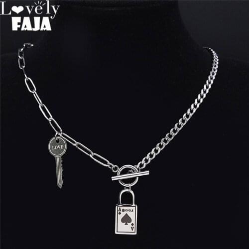 2021 Hip Hop Stainless Steel Key Lock Poker Choker Necklace Women/Men Silver Color Necklaces Jewelry collares mujer NXH91S03