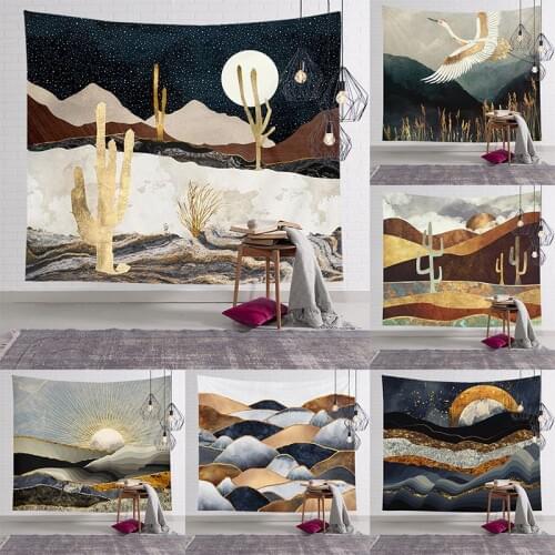 Nordic Decoration Accessories Gold-plated Landscape Painting Tapestry Wall Hanging Living Room Decoration Crafts 100% Polyester