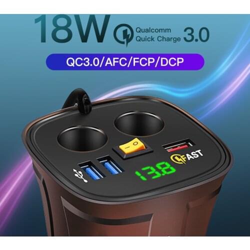 Car Charger Cigarette Lighter Adapter Splitter 2 Socket 80W QC3.0 Fast Quick charge USB 4.2A Cup Holder Voltmeter On/Off Switch