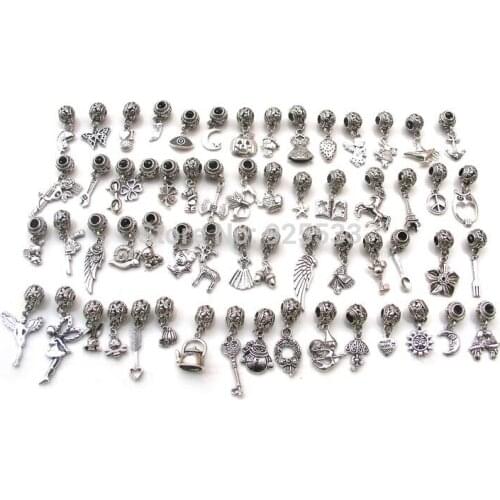 Free Shipping 60pcs Antique Silver Plated Alloy Loose Beads with pendant charms fit European Pandora Jewelry Braclet Charms DIY