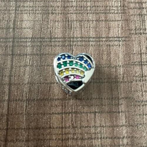 Hight Quality Silver Color CZ Zircon Colorful Rainbow Heart Beads Fit Original Pandora Charms Women Diy Bracelet Jewelry
