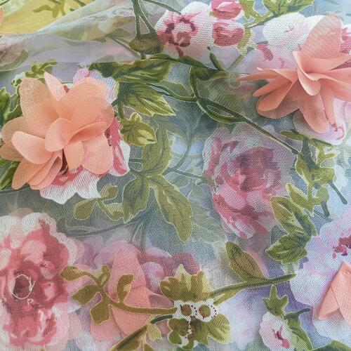 By Meter Pink Chiffon Floral Applique Lace Material For Dress Wedding Fabric Organza