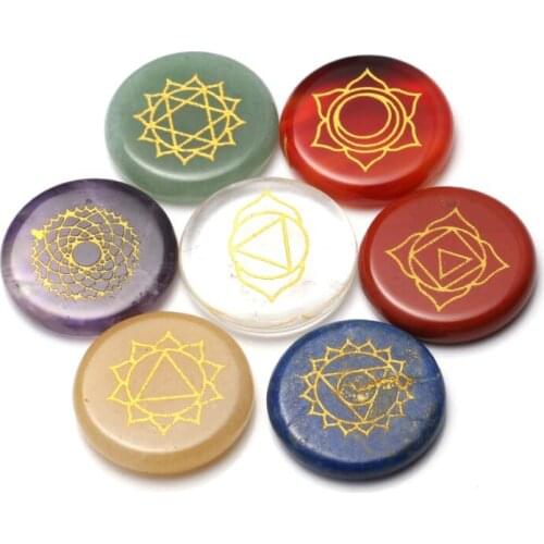 Reiki Chakra Healing Stones w/ Chakra Case Set of 7 Chakra Stones with Engraved Chakra Symbols 25mm