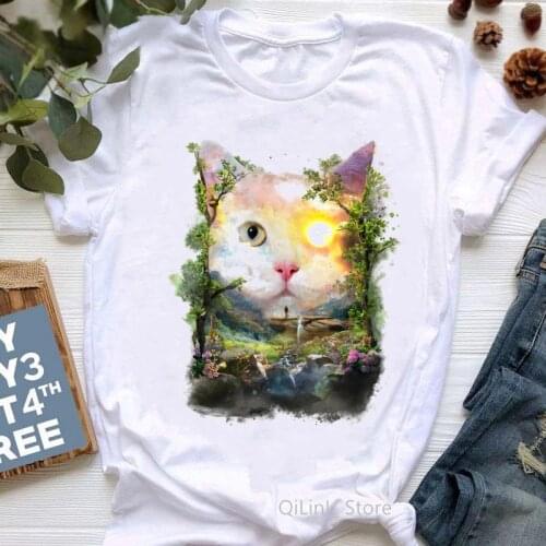 Kawaii Japan Anime Graphic Women T shirt Harajuku Female Round Neck Casual Short Sleeve Tops Cat Animal Print Lady T-Shirt