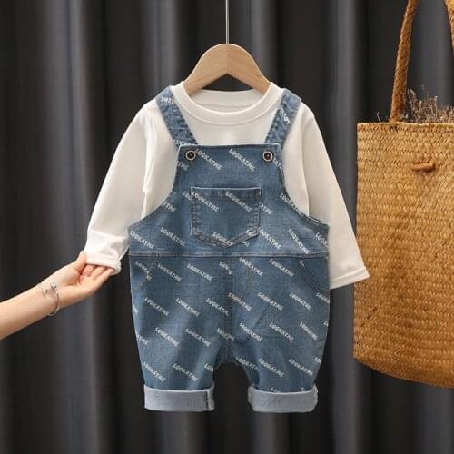 New 2021 Spring Autumn Children Clothes Baby Boys Girls Solid T-Shirt Denim bib Pants 2Pcs/sets Kids Infant Clothing Toddler