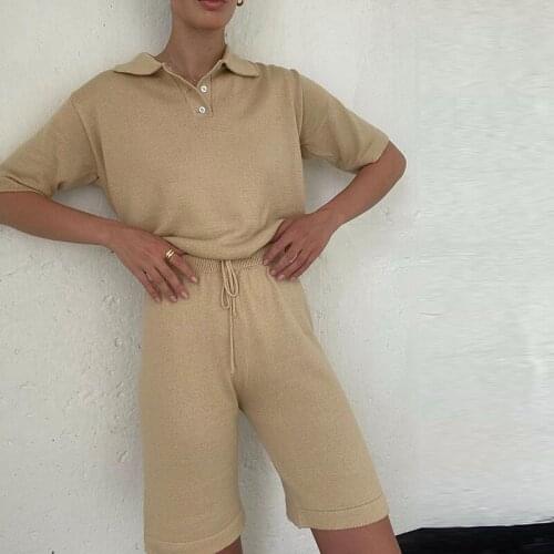 MEIYANGYOUNG Summer Knit Suit Two Piece Set Women Short Suits Female Oversized T Shirt And Loose Shorts 2 Pieces Outfits 2021