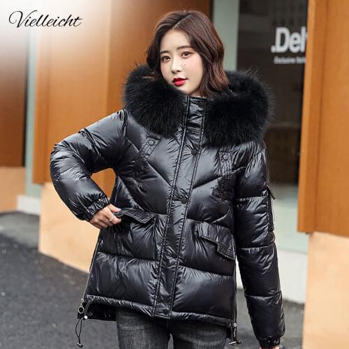 Vielleicht Women Winter Hooded Thick Short Jacket Solid Casual Glossy Warm Cotton Padded Parkas Fur Collar Winter Coat Women