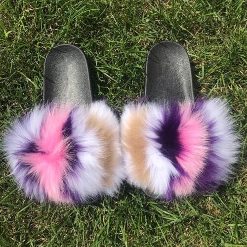 Fur Slippers for Women Fur Slides Wholesale Summer Non-slip Fluffy Fur Sandals Beach Flip Flops Indoor Slippers Fashion Shoes