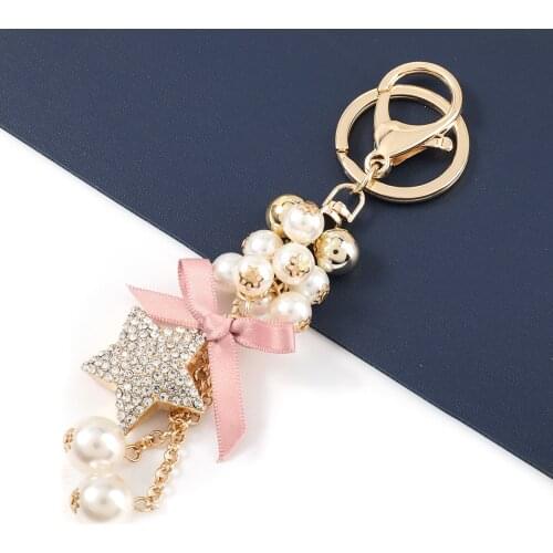 Fashion Metal Rhinestone Five-pointed Star Imitation Pearl Keychain Car Key Ring Girl Backpack Pendant Campus Accessories