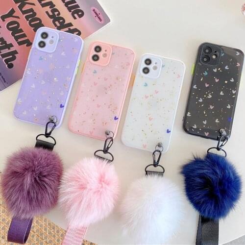 Fashion Epoxy Glitter Sequins Heart Case for iPhone 12 Mini 11 Pro XS Max XR X Plush Fur Ball Hand Holder Strap Geometric Cover