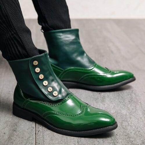 OLOMLB Mens Brogue Oxford Wingtip Lace Up Pointy Toe Ankle Boots Dress Buttons Shoes Black Green Plus Size 38-46