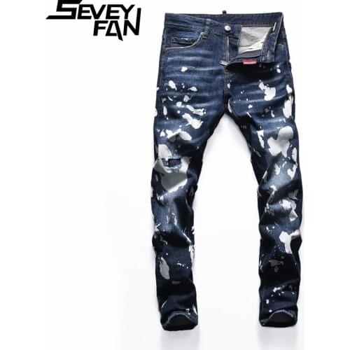 SEVEYFAN Ink Painted Ripped Jeans Mens Distressed Washed Slim Pencil Trousers Streetwear Denim Pants