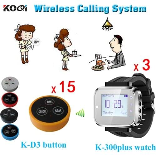 A Set Low Price Wireless Waiter Call System of 15pcs K-D3-Y Table Bell And 3 K-300plus-black Watch Receiver