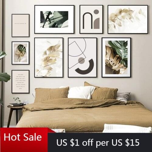 Wall Art Posters Canvas Painting Golden Monstera Leaves Abstract Pattern Nordic Prints Wall Decor Pictures For Living Room Decor