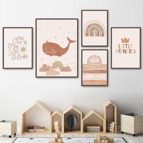 Boho Rainbow Wall Art Poster Deer Bear Whale Cactus Art Print Crown Little Princess Quotes Canvas Painting Baby Kids Room Decor