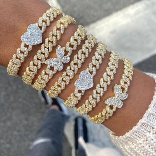 2021 New Valentines Day Gift For Girlfriend Micro Pave CZ 7MM Cuban Link Chain Zirconia Heart Charm Chain Bracelet