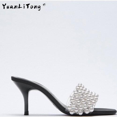 2021 Summer New Style Womens Shoes High-heeled Sandals with Faux Pearls Shoes for Women