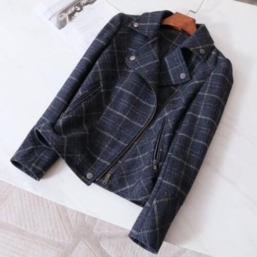 2021 Spring New Womens Coat Short Slim Western Style Checkered Tooling Motorcycle Jacket Female Outerwear