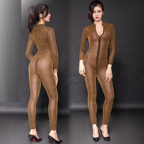 Golden Yarn Long Sleeve Zipper Open Crotch Bodysuit Bodycon Jumpsuit Sexy See Through Transparent Erotic Lingerie Catsuit Bodies