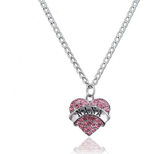 Red Rhinestone Crystal Heart Love NANA Pendant Necklace Long Sweater Chain Family NANA Women Girl Birthday Gifts Charm Jewelry
