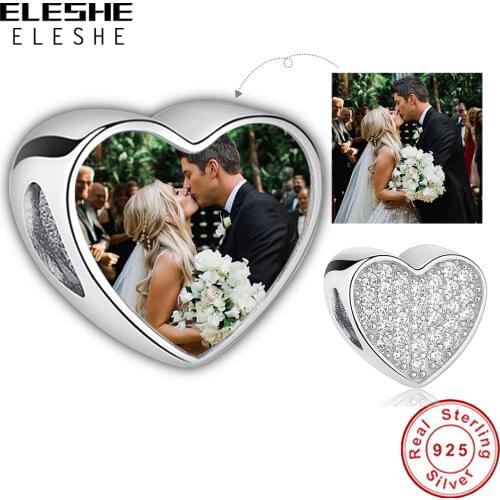 Personalized 925 Sterling Silver Custom Photo Beads Pave Cubic Zirconia Heart Charms Fit Pandora Bracelet Women DIY Jewelry 2019