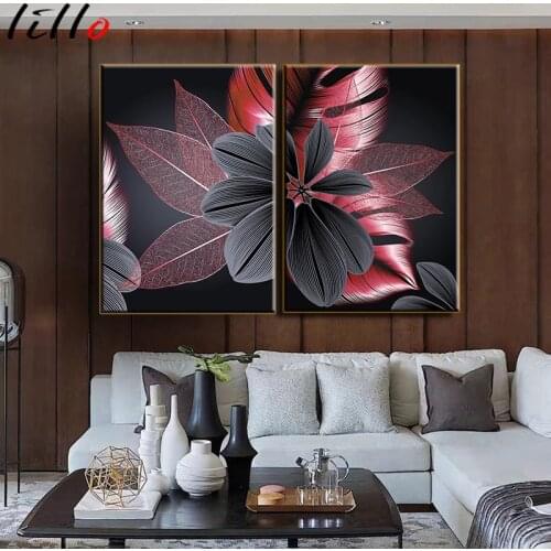 Black red Plant Leaf Canvas Poster Print Modern Home Decor Abstract Wall Art Painting Nordic Living Room Decoration Picture