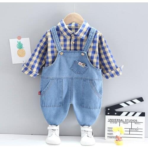 Infant Toddler Baby Outfits Girls Boys Plaid Shirt+Cowboy Overalls Set Cotton Long Sleeve 1-5 Years Spring Autumn Kids Clothing