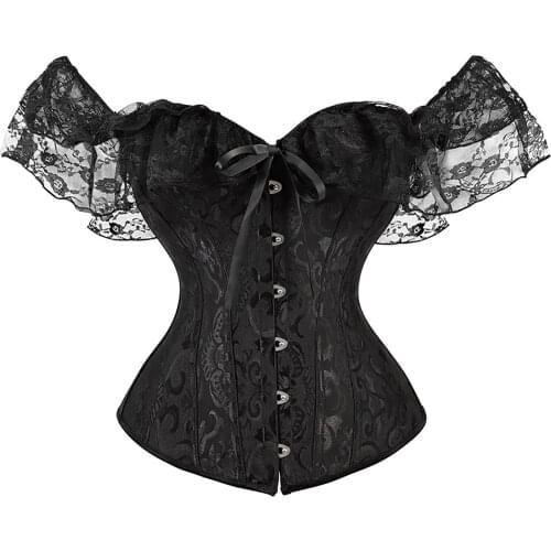 Off shoulder Corset Solid Corsets Overbust Korset Bustier Sexy Lolita Women Girl Outwear Waist Slimming Lace ruffles Gorset