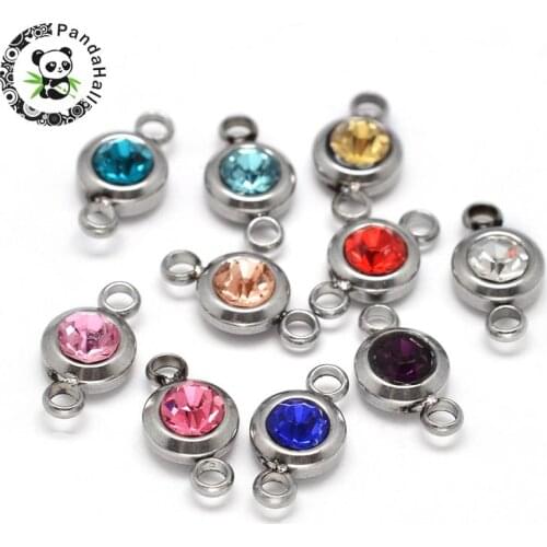 304 Stainless Steel Cubic Zirconia Jewelry Making Connector Colorful DIY Links, 1/1Loop, Mixed Color, 12x6.5x4mm, Hole: 2mm