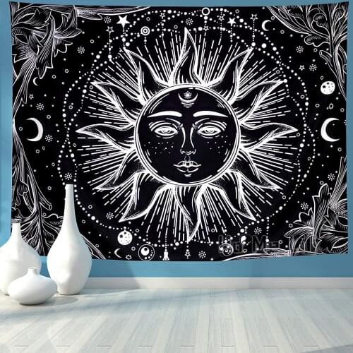 Sun And Moon Burning With Star Tapestry Black And White